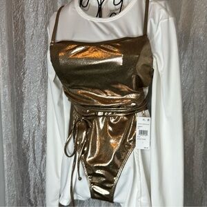 GOOD AMERICAN “Mocha Foil” strappy swimsuit